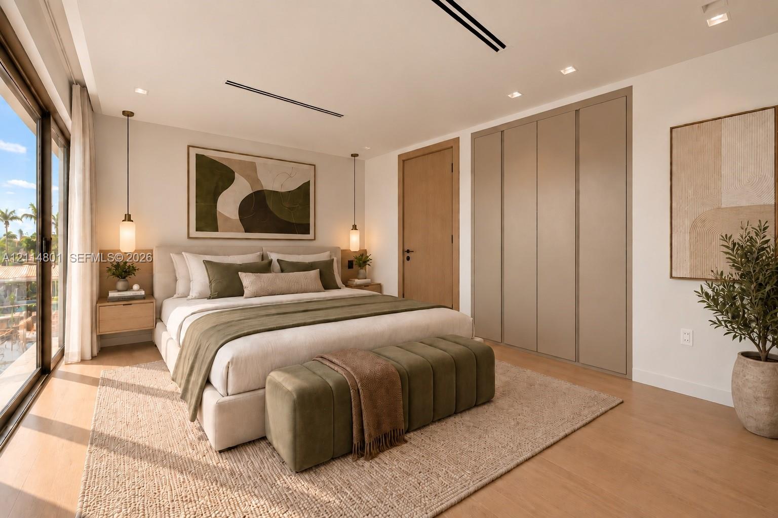Floor-to-ceiling sliding glass door, recessed linear lighting, wood-finish flooring, full-height flush-panel wardrobe cabinetry, and dual pendant light fixtures