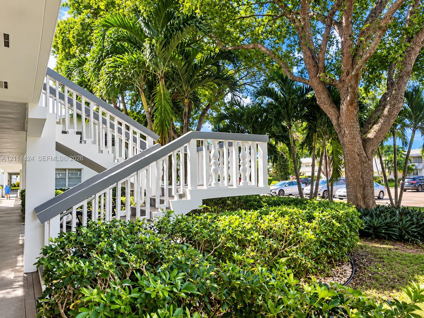 Exterior staircase featuring white balustrades, concrete steps, and mature palm trees