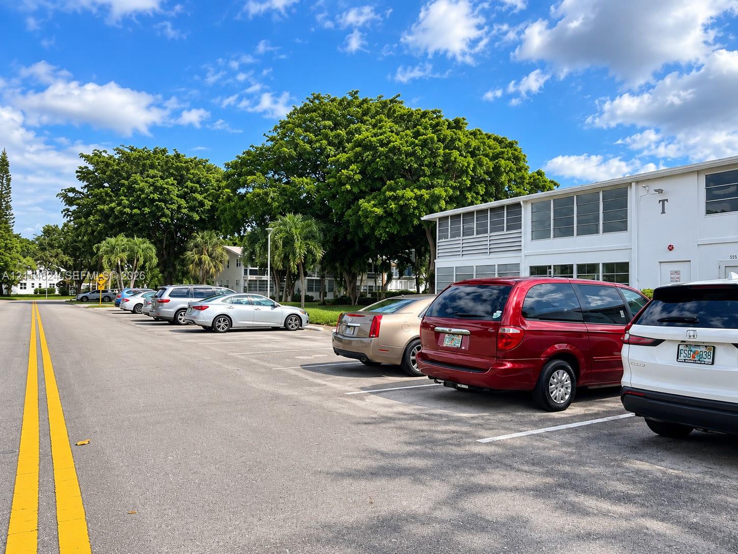 Surface parking lot featuring designated stalls and mature trees