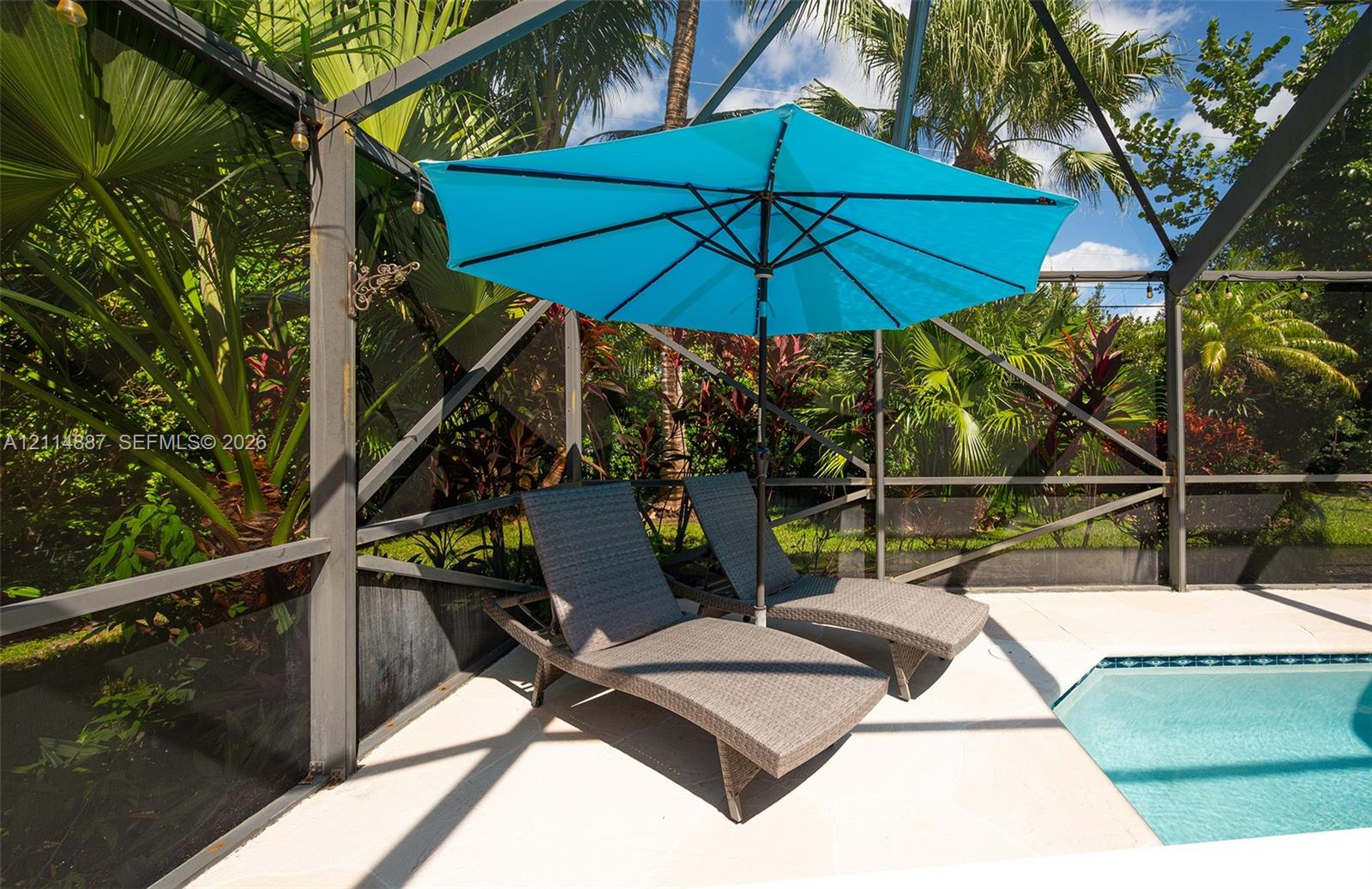 Screened-in patio featuring a concrete pool deck and tropical landscaping