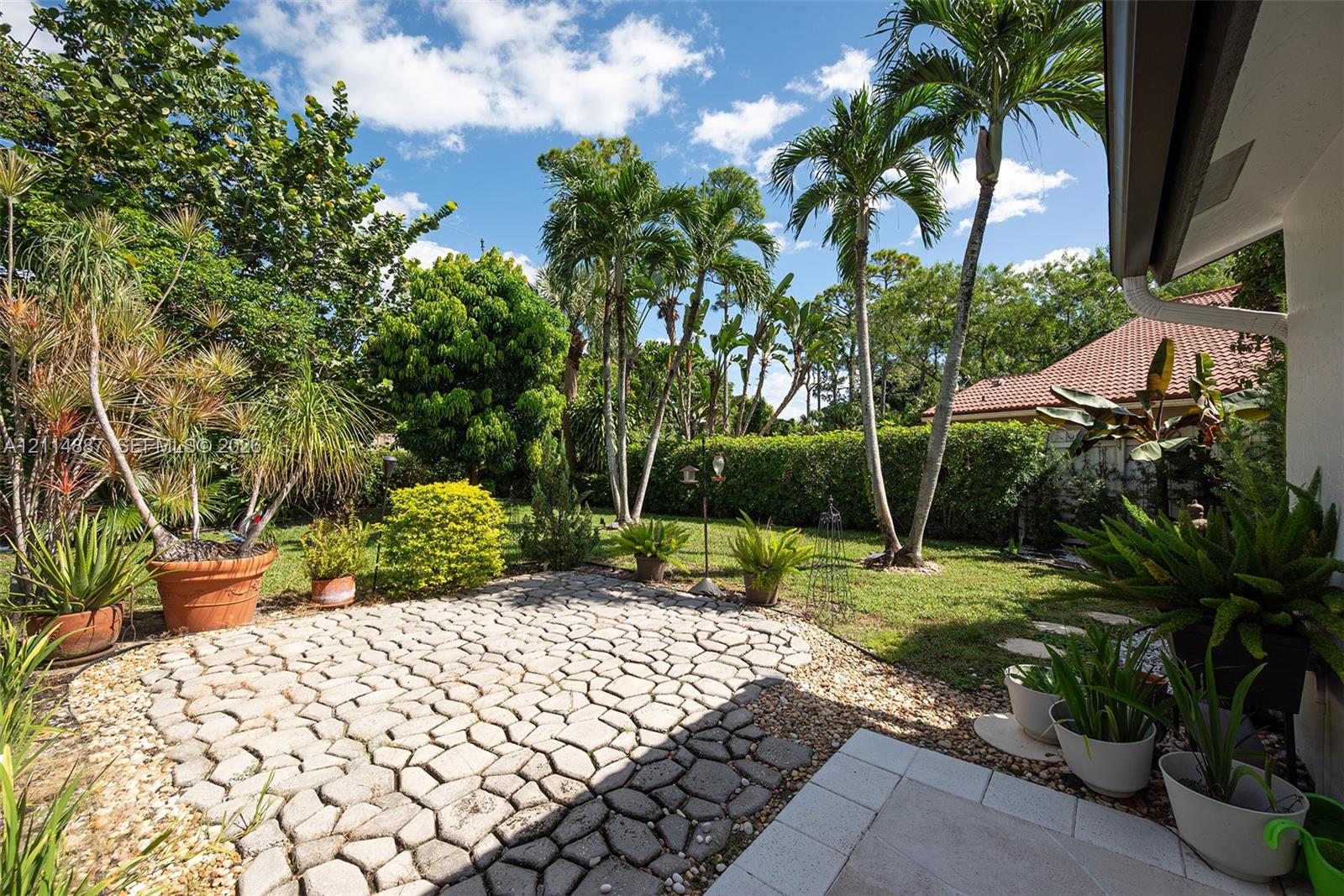 Landscaped backyard featuring a paved stone patio, manicured lawn, established palm trees, and perimeter shrubbery