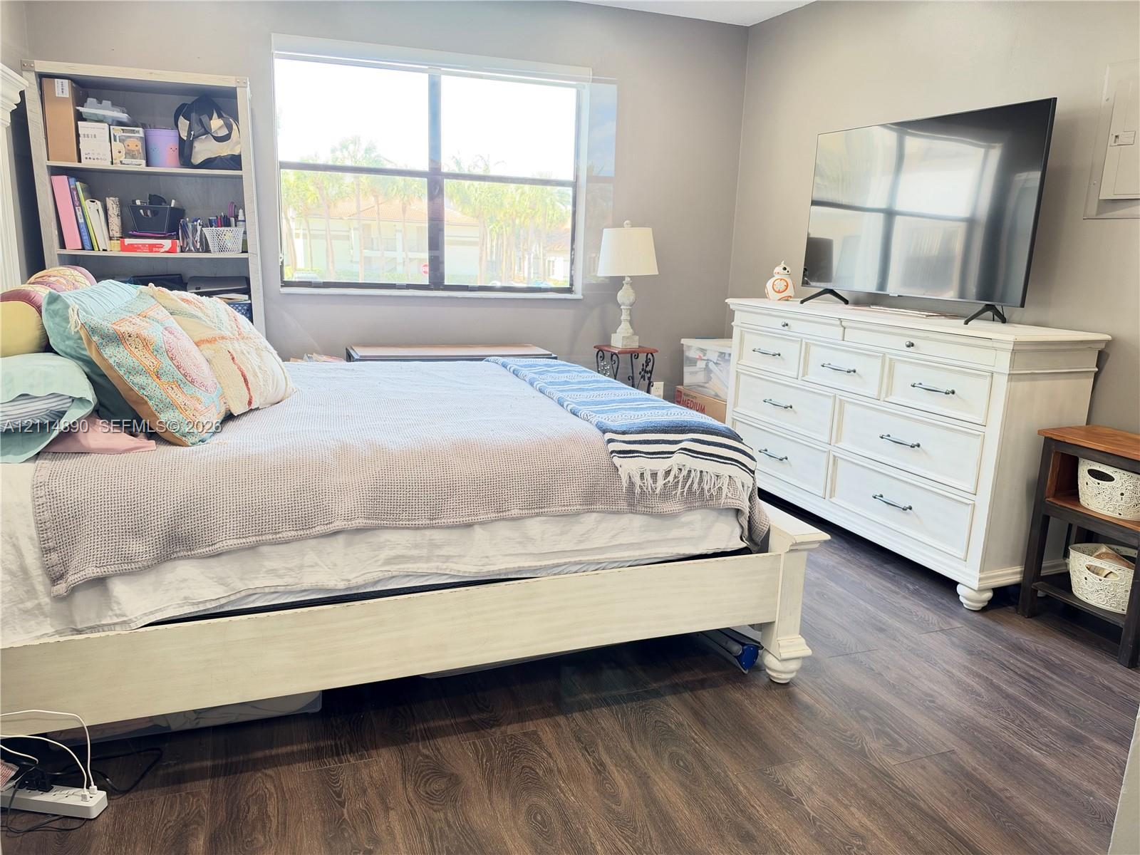 Wood-finish flooring and a multi-pane window