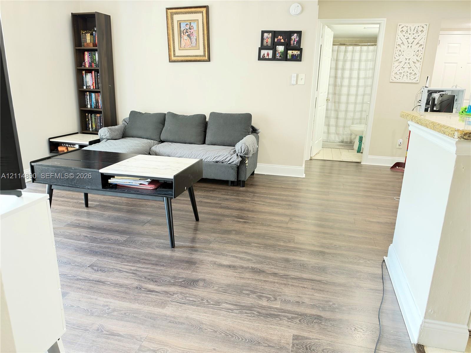 Wood-finish flooring throughout, neutral wall palette, and a kitchen peninsula with stone-finish countertop