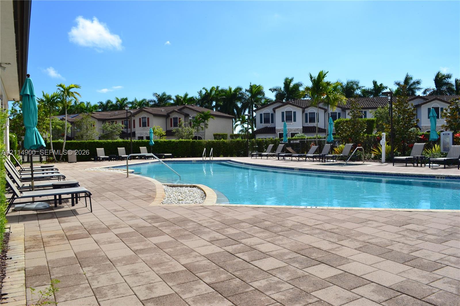 Swimming pool featuring a stone-paver deck, pebble-lined accent border, manicured hedges, and palm tree landscaping
