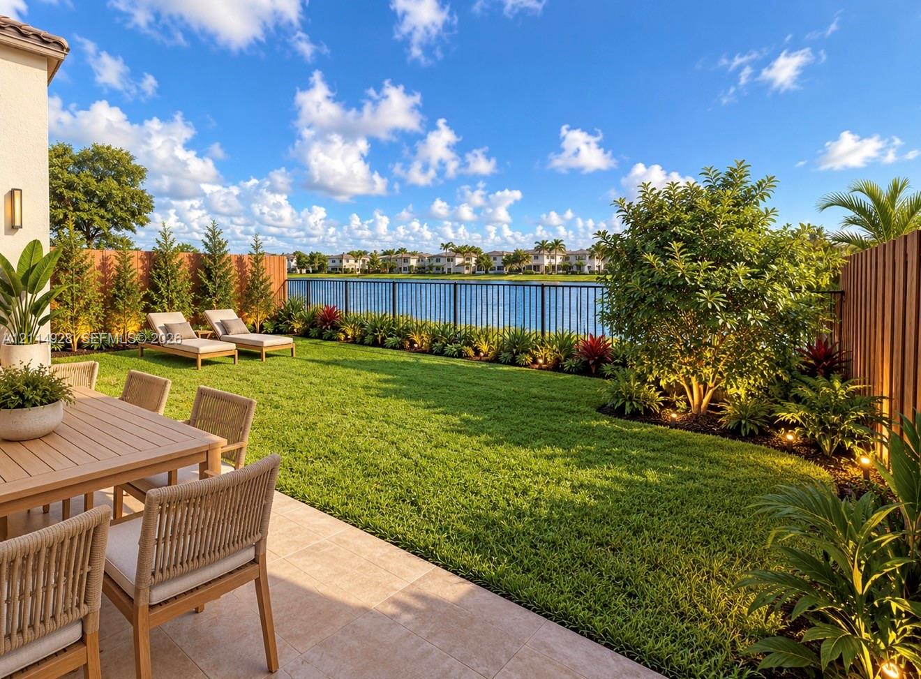 Rear patio featuring large-format tile flooring, manicured lawn, privacy wood fencing, and metal perimeter railing overlooking a lake