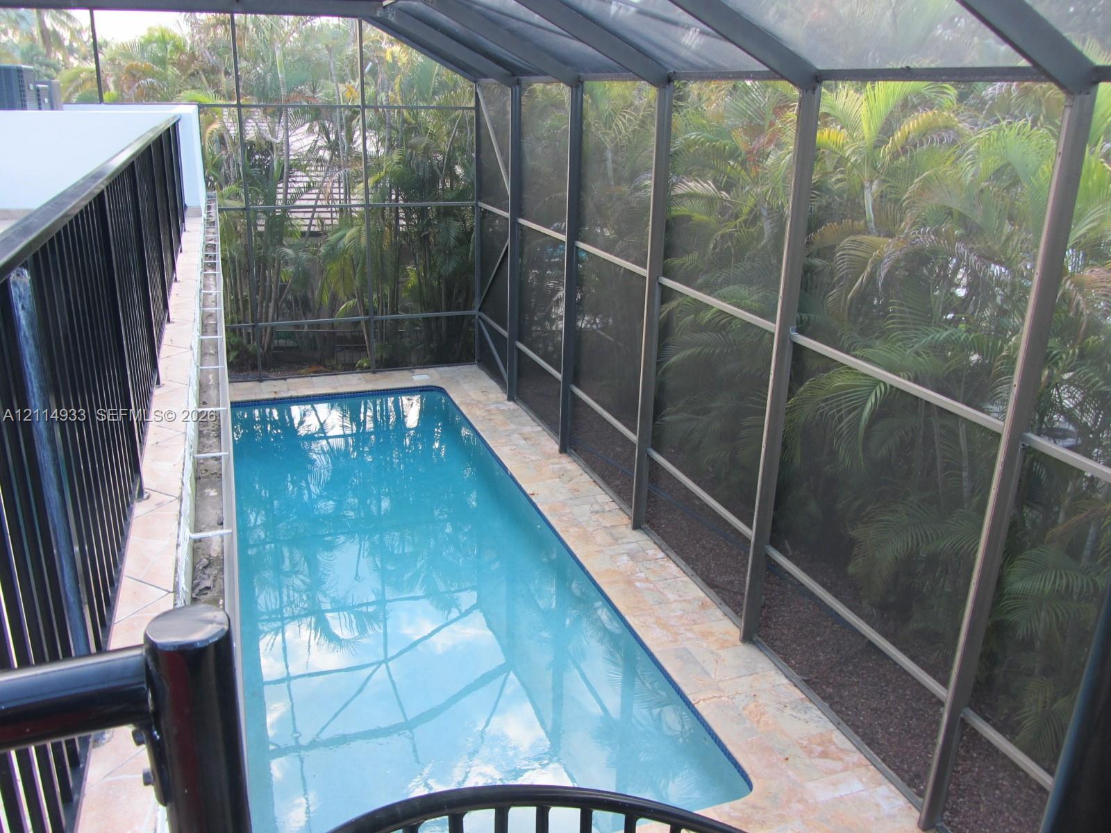 Screen-enclosed swimming pool featuring natural stone decking, metal structural framing, and palm tree perimeter foliage