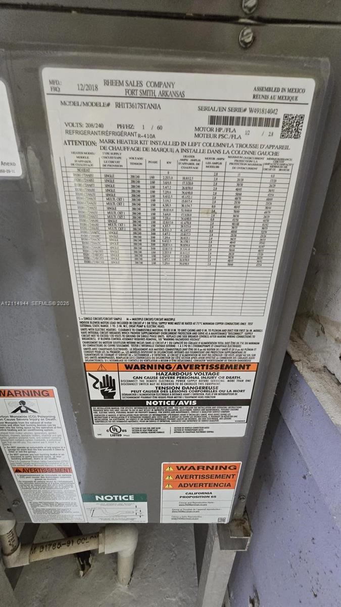 HVAC system data plate dated December 2018