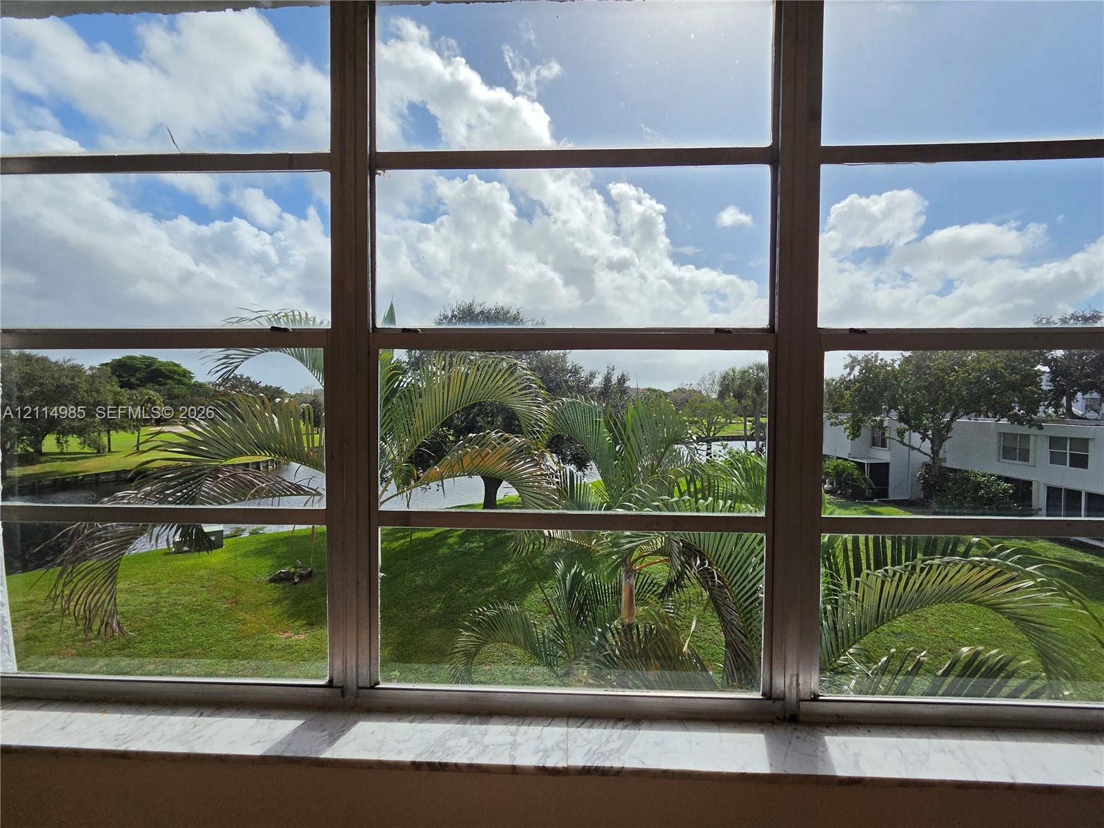 Multi-pane horizontal window featuring a natural stone sill, framing exterior water frontage, mature palm trees, and manicured green space