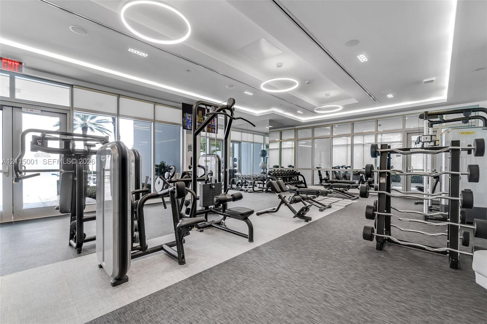 Fitness center featuring floor-to-ceiling windows, circular LED pendant lighting, recessed perimeter lighting, and wall-to-wall carpeting Fitness center featuring floor-to-ceiling windows, circular LED pendant lighting, recessed perimeter lighting, and wall-to-wall carpeting
