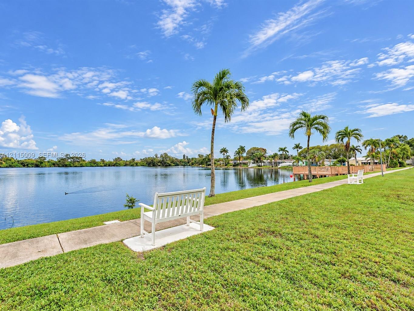 Waterfront property featuring a concrete walking path, manicured lawn, and native palm trees