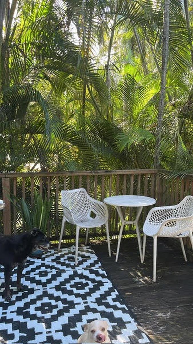 Outdoor deck featuring wood-plank flooring and vertical-slat timber railings, surrounded by mature palm trees