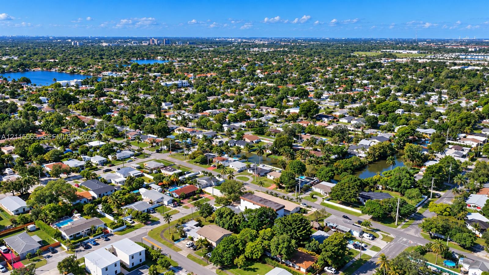 Aerial perspective of a residential neighborhood featuring mature tree canopies, residential streets, and proximity to inland water bodies