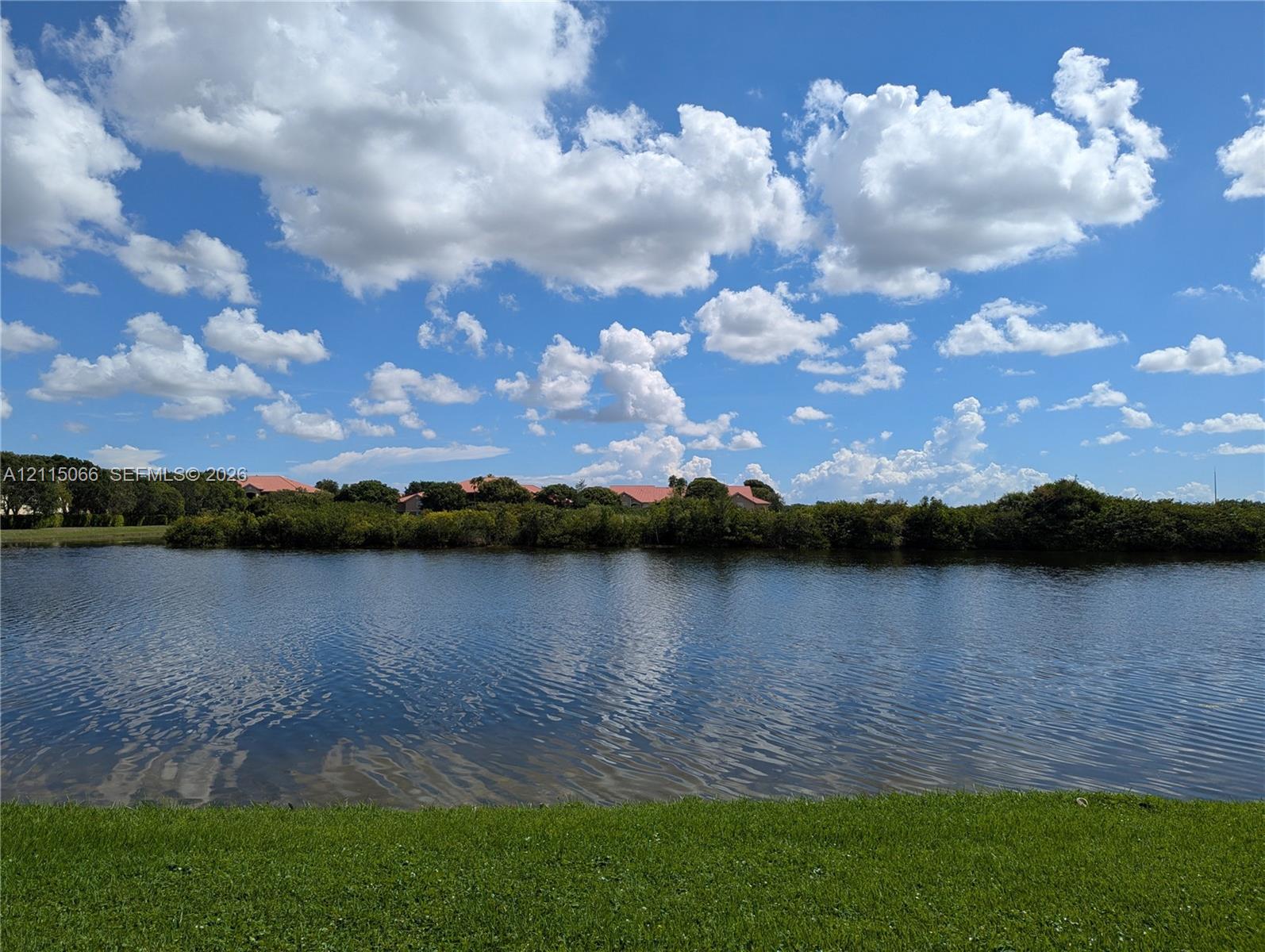 Waterfront property featuring a manicured lawn, expansive pond, and mature landscape