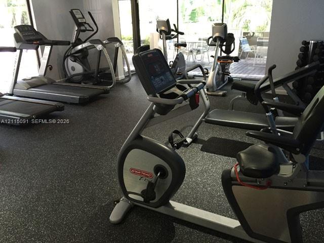 Fitness facility featuring rubberized flooring and expansive floor-to-ceiling windows
