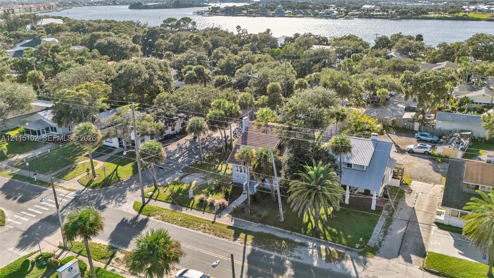 Aerial perspective of a coastal property featuring mature palm trees, established landscaping, metal roofing, and proximity to the waterfront