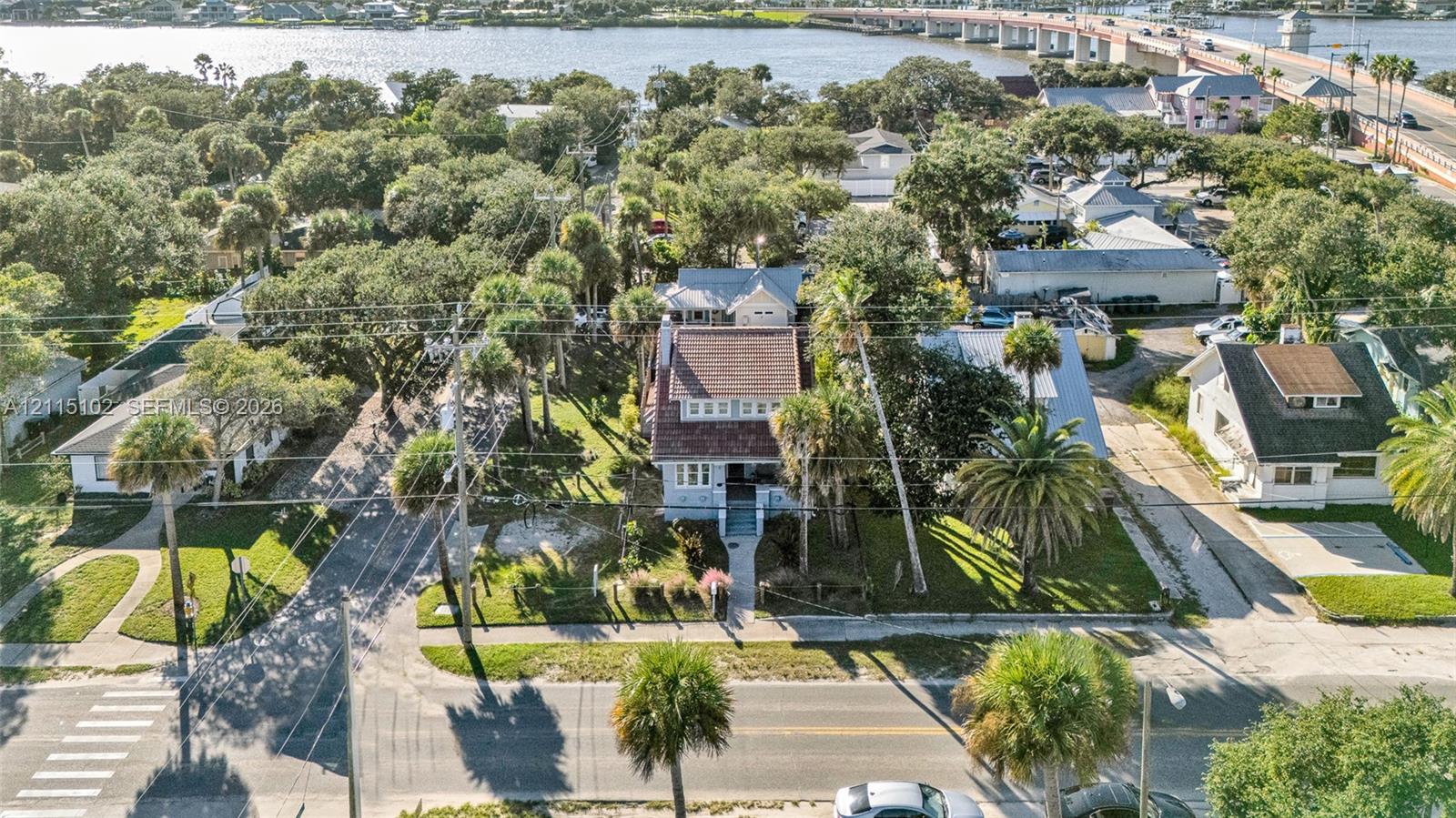 Aerial perspective of a multi-story residence featuring a shingled roof, exterior chimney, mature landscaping, and palm trees