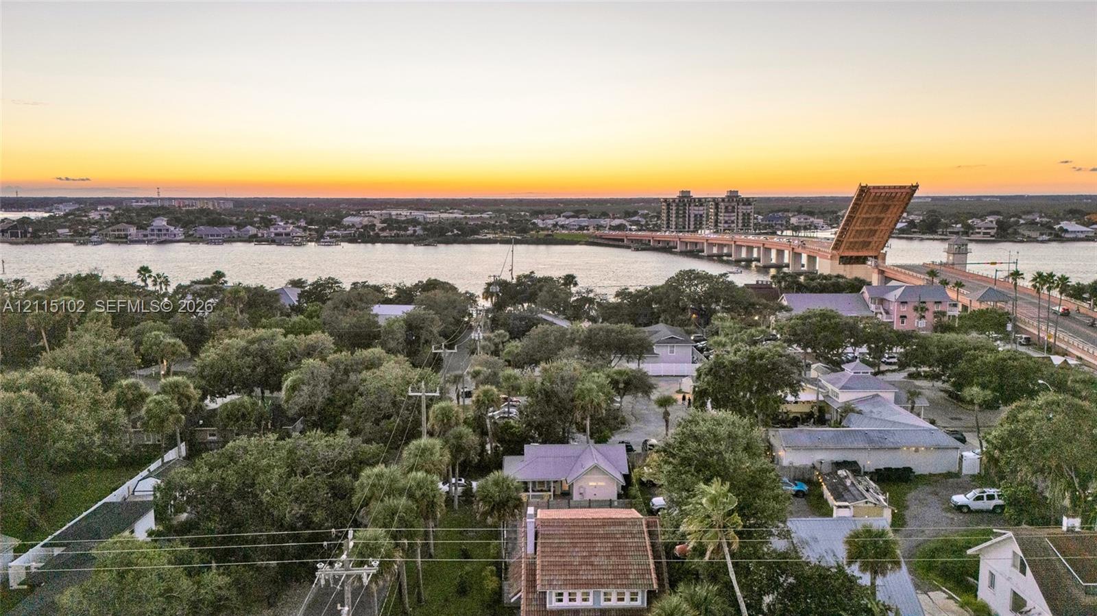 Aerial perspective of the coastal landscape featuring a waterway, an open bascule bridge, mature palm trees, and dense foliage