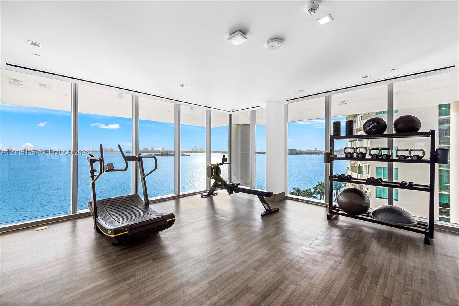 Fitness center featuring wood-finish flooring, floor-to-ceiling windows, and recessed lighting