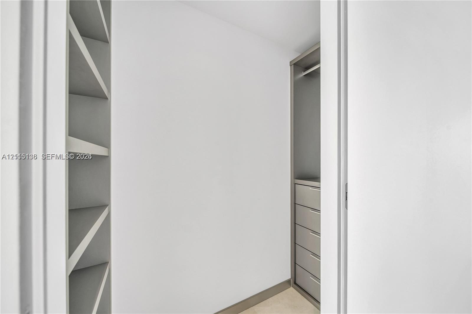 Walk-in closet featuring floor-to-ceiling built-in shelving, integrated hanging rod, and a multi-drawer storage unit with a neutral finish