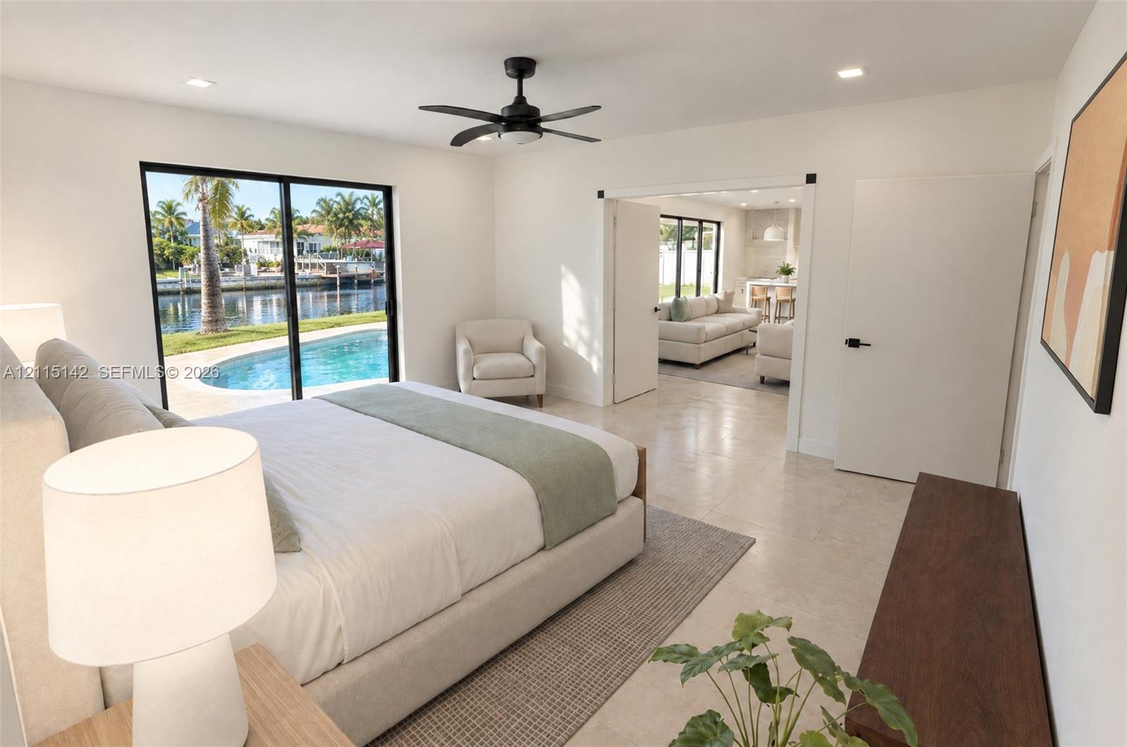 VIRTUAL RENDERING, NOT AN ACTUAL PHOTO. HOME IS UNDER CONSTRUCTION. Bedroom with pool view shown as proposed per permitted plans; final construction, finishes, landscaping and furnishings may differ. Buyer to verify with developer.