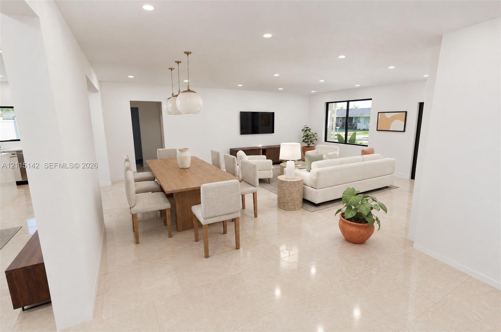 VIRTUAL RENDERING, NOT AN ACTUAL PHOTO. HOME IS UNDER CONSTRUCTION. Open dining and living area shown as proposed per permitted plans; final construction, finishes, landscaping and furnishings may differ. Buyer to verify with developer.