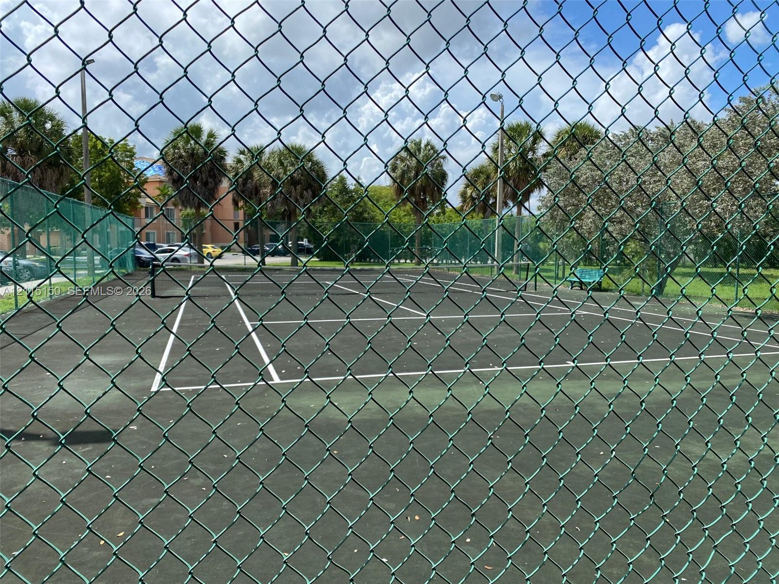 Paved tennis court enclosed by chain-link fencing, featuring overhead lighting and perimeter palm trees