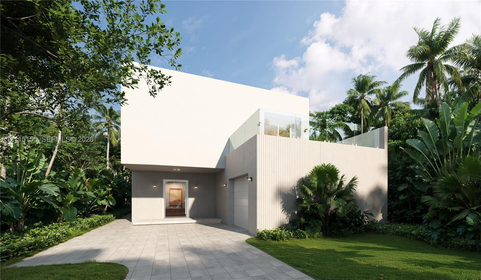Modern architectural exterior featuring a smooth stucco faade, vertical slat detailing, a second-story terrace with glass railings, an integrated garage, and a paved driveway
