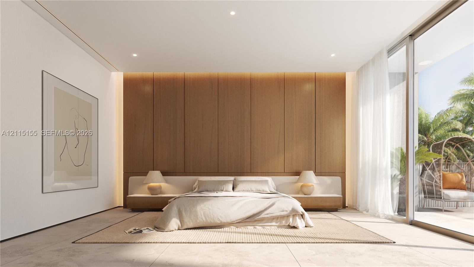 Floor-to-ceiling wood panel wall, integrated linear lighting, large-format tile flooring, and expansive sliding glass doors