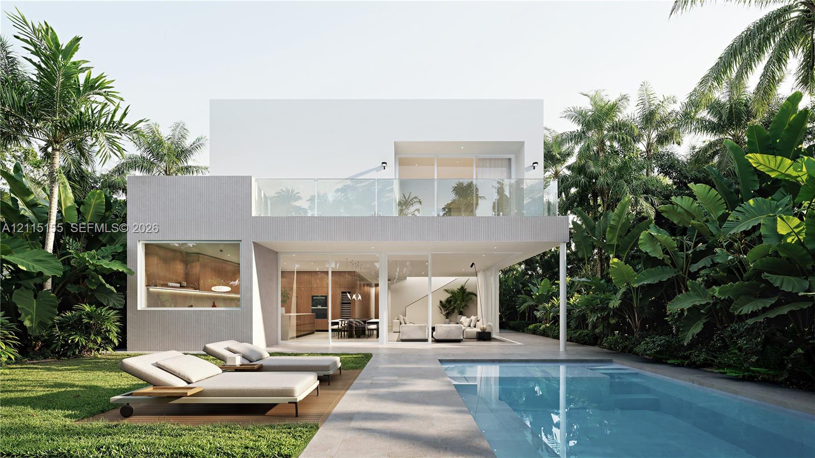Modern two-story architectural exterior featuring a stucco facade, glass-paneled second-floor balcony, expansive sliding glass walls, and an integrated swimming pool with stone hardscaping