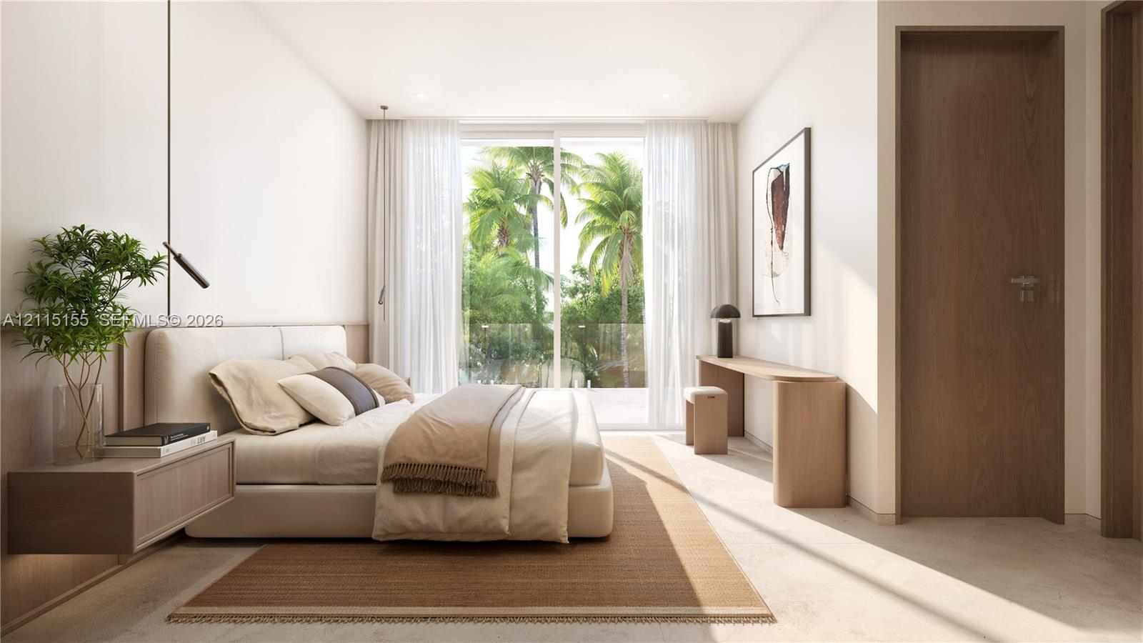 Sliding glass doors providing exterior access, floor-to-ceiling windows, recessed lighting, wood-finish interior doors, and clean-lined wall-mounted cabinetry