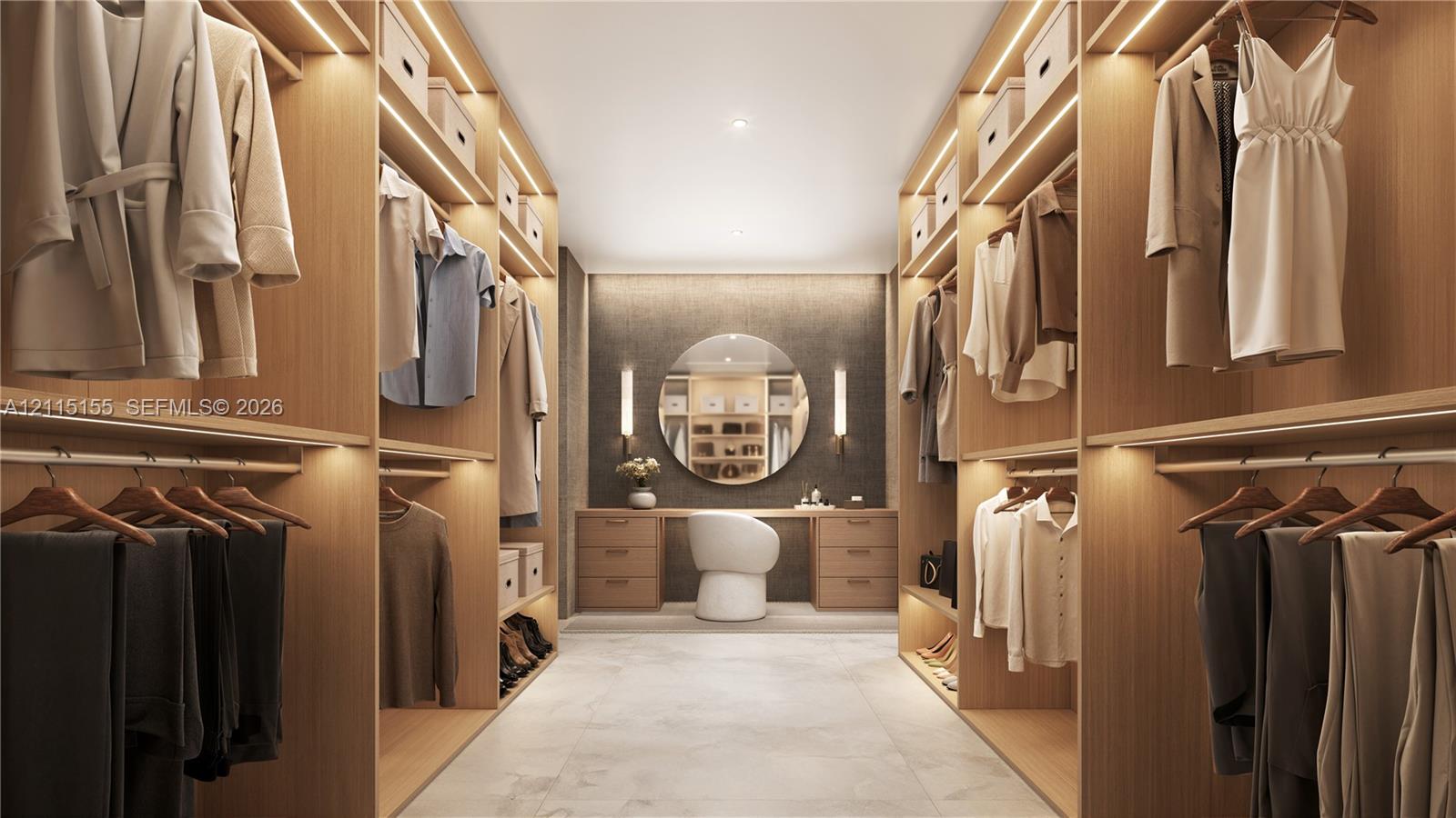 Walk-in closet featuring custom wood-finish cabinetry, integrated linear LED shelf lighting, a built-in vanity station, a circular wall-mounted mirror, and tile flooring