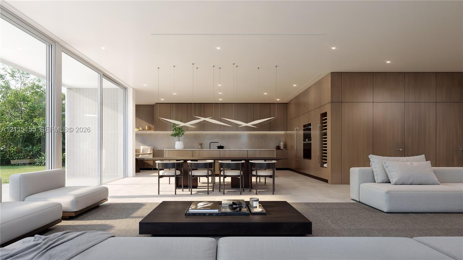 Open-concept interior featuring floor-to-ceiling glass panels, wood-panel cabinetry, a central island, recessed ceiling lighting, and tile flooring