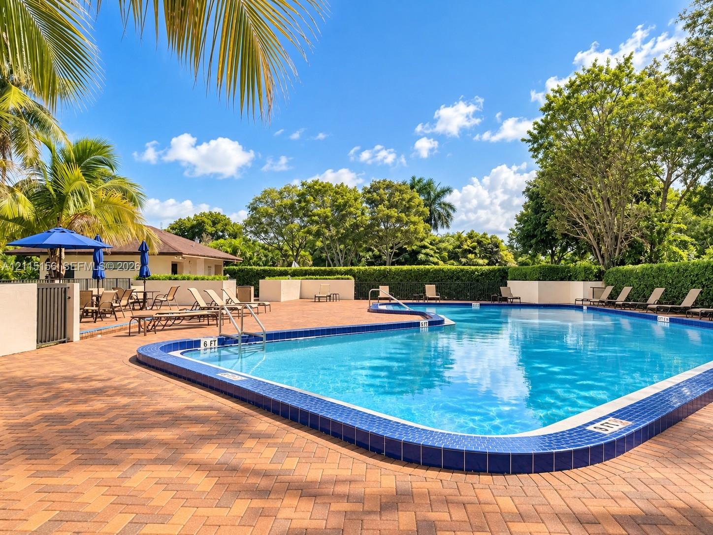 Swimming pool featuring a blue tile coping and brick-paver surround, complemented by perimeter hedge landscaping and palm trees