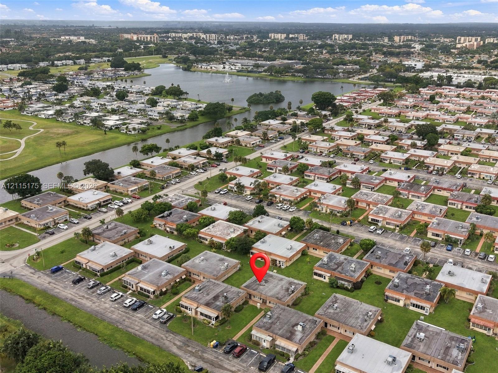 Aerial perspective showing a red pin over the unit