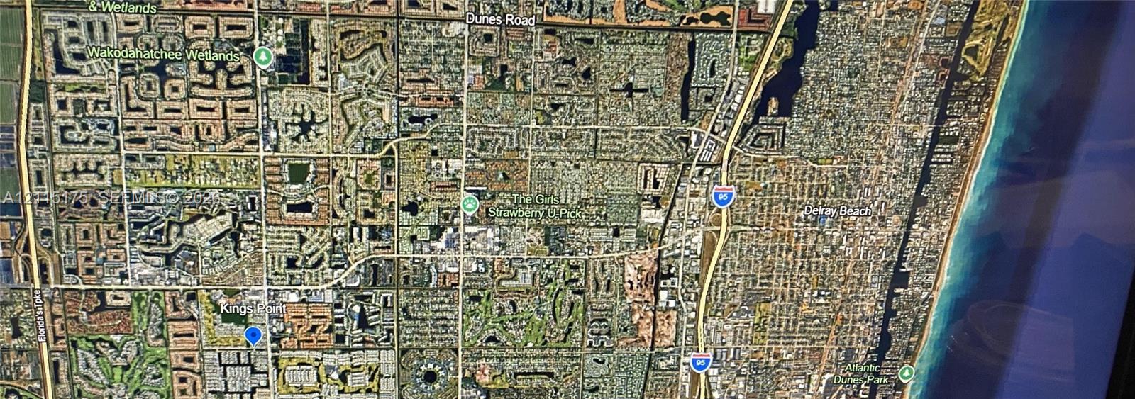 Map of Delray Beach showing location of Kings Point and proximity of Wakodahatchee Wetlands, Green Cay Wetlands, the Florida Turnpike, I-95, Atlantic Dunes Park and the beaches, etc.