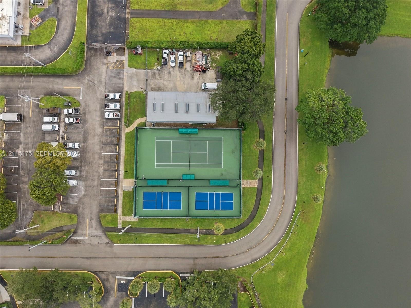 Aerial view of just one tennis court and two pickleball courts (of several in the complex)