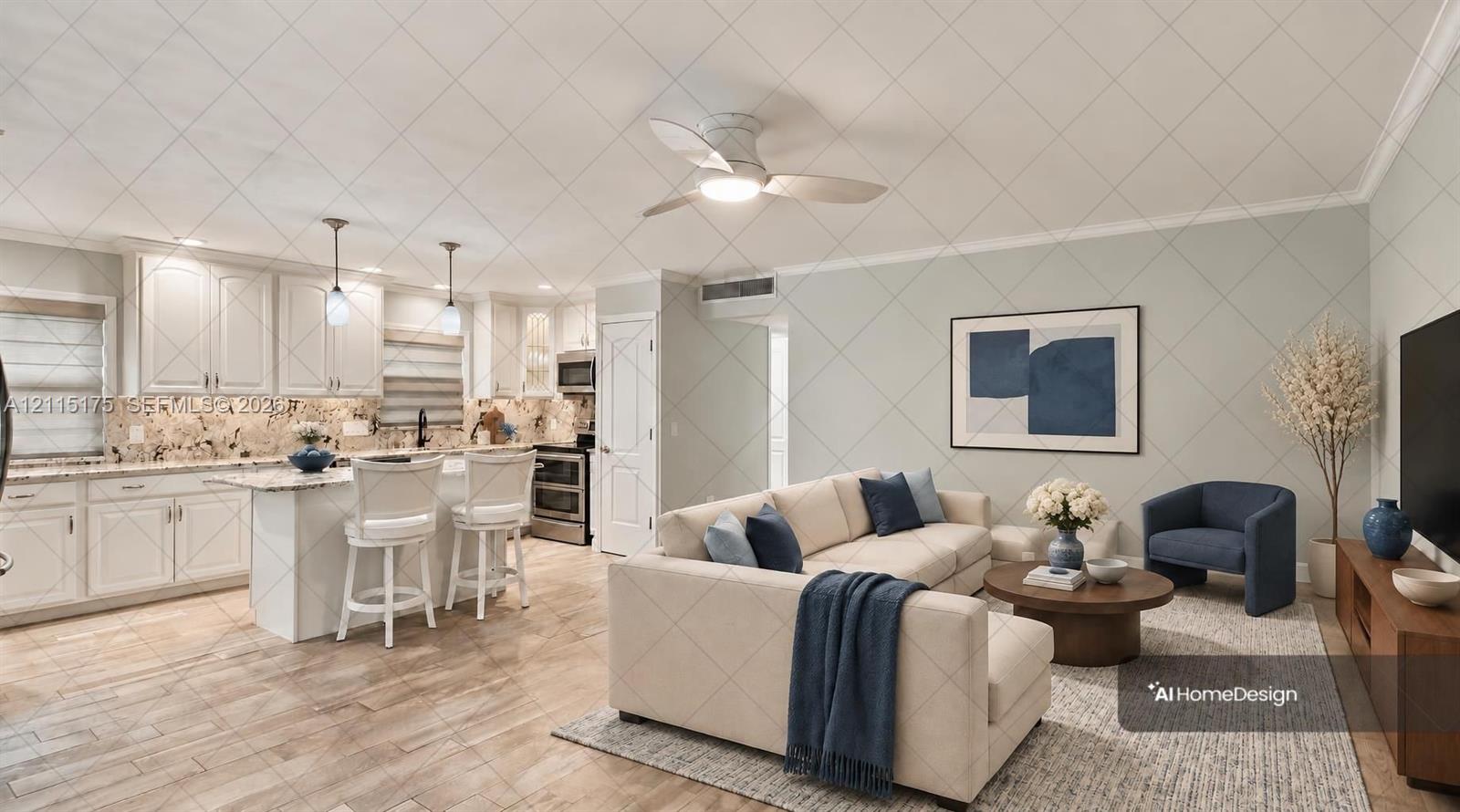 Open concept living area with virtually-staged living room
