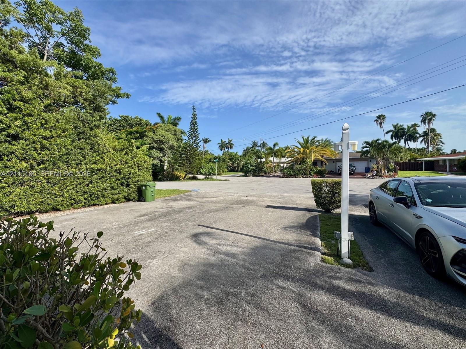 Asphalt surface driveway featuring mature landscaping and palm trees