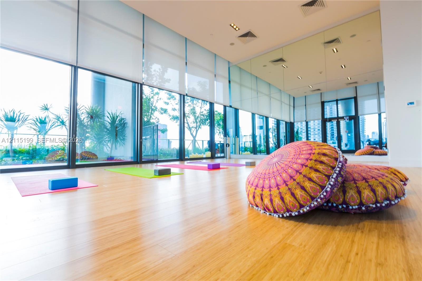 Floor-to-ceiling windows, wood-finish flooring, full-wall mirrors, recessed lighting, and retractable window shades