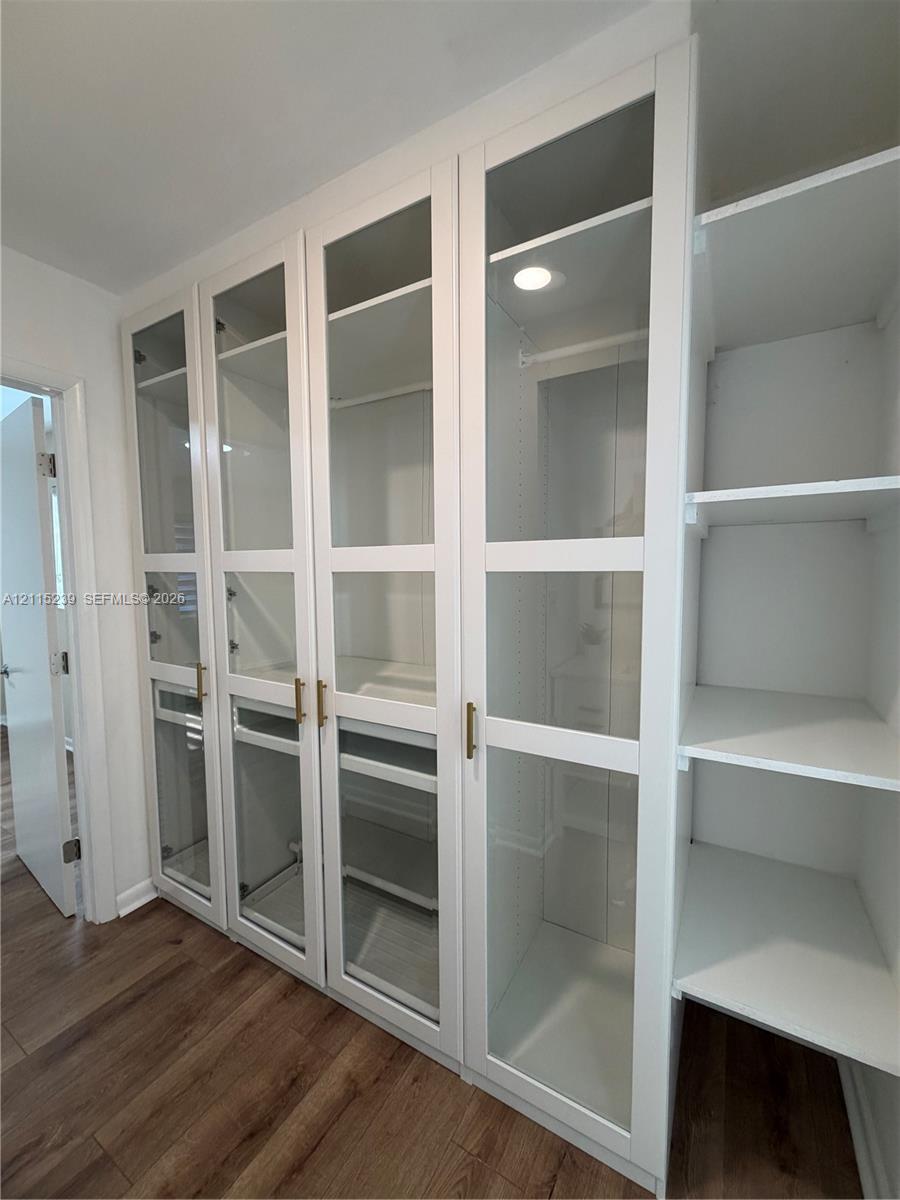 Built-in floor-to-ceiling cabinetry featuring glass-panel doors, brass hardware, integrated recessed lighting, and wood-finish flooring