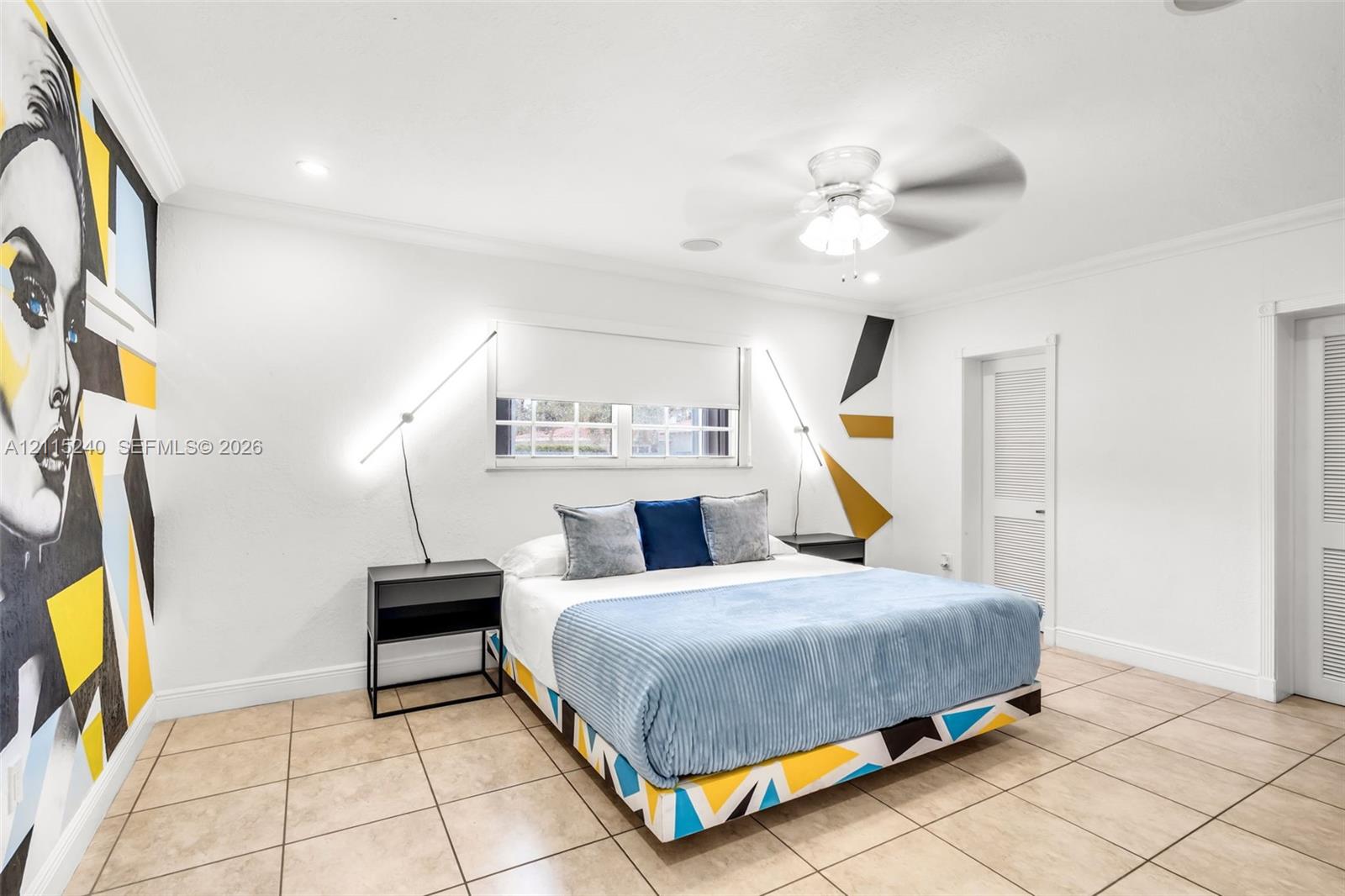 Ceramic tile flooring, recessed lighting, ceiling fan, and louvered closet doors