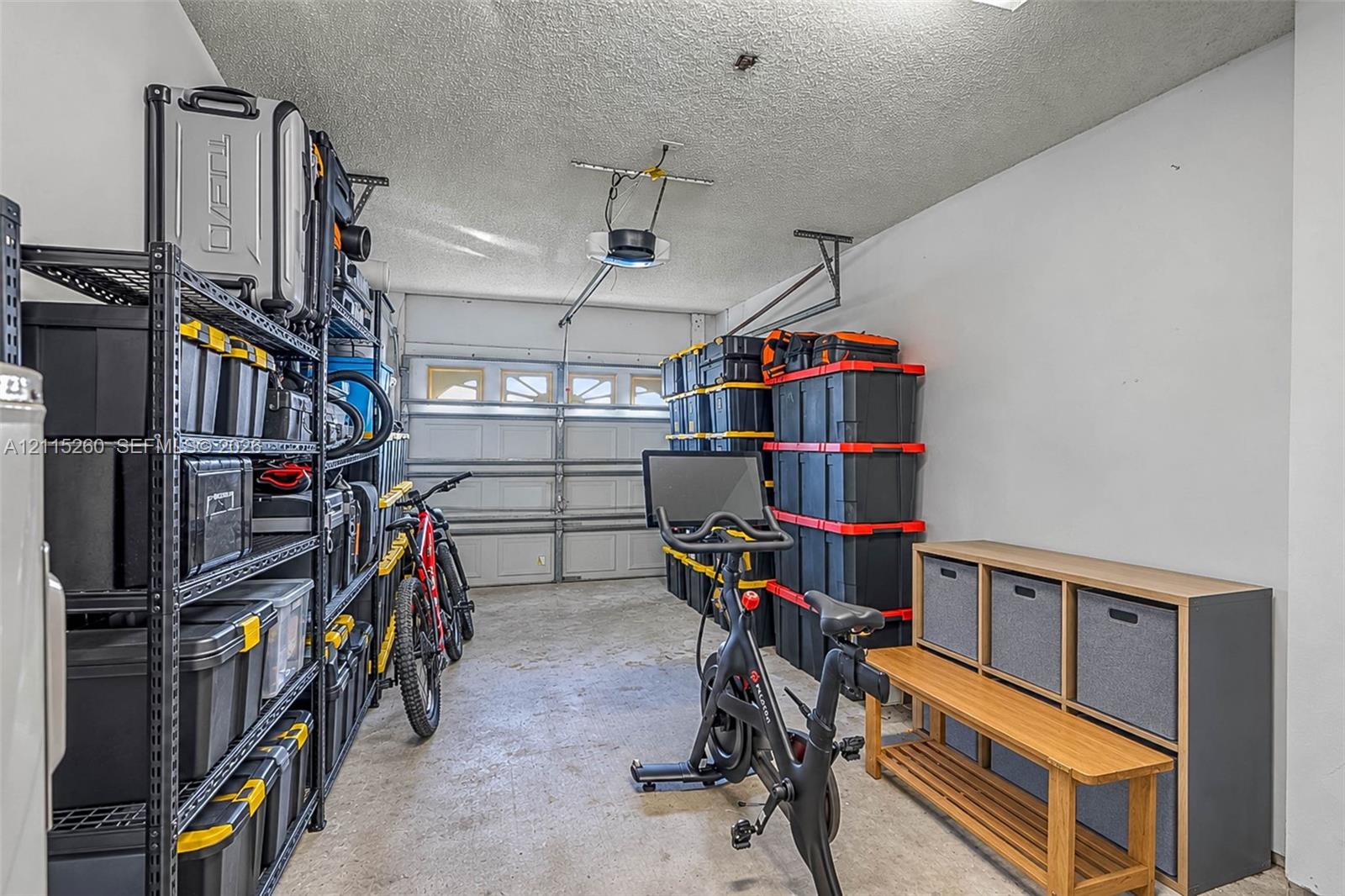 Enclosed garage featuring concrete flooring, a paneled overhead door, and painted walls