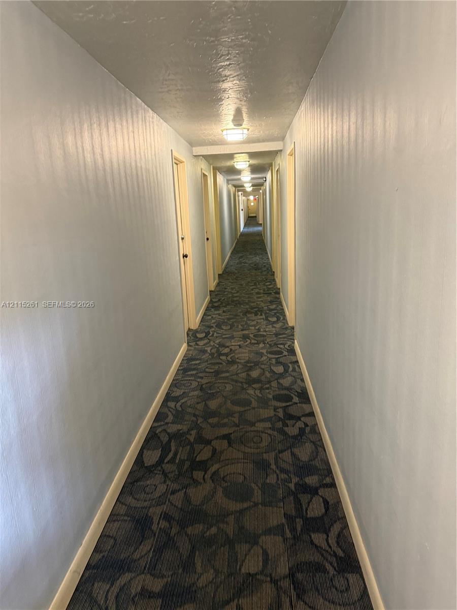 Interior corridor featuring patterned carpeting, neutral wall paint, and multiple ceiling-mounted flush light fixtures