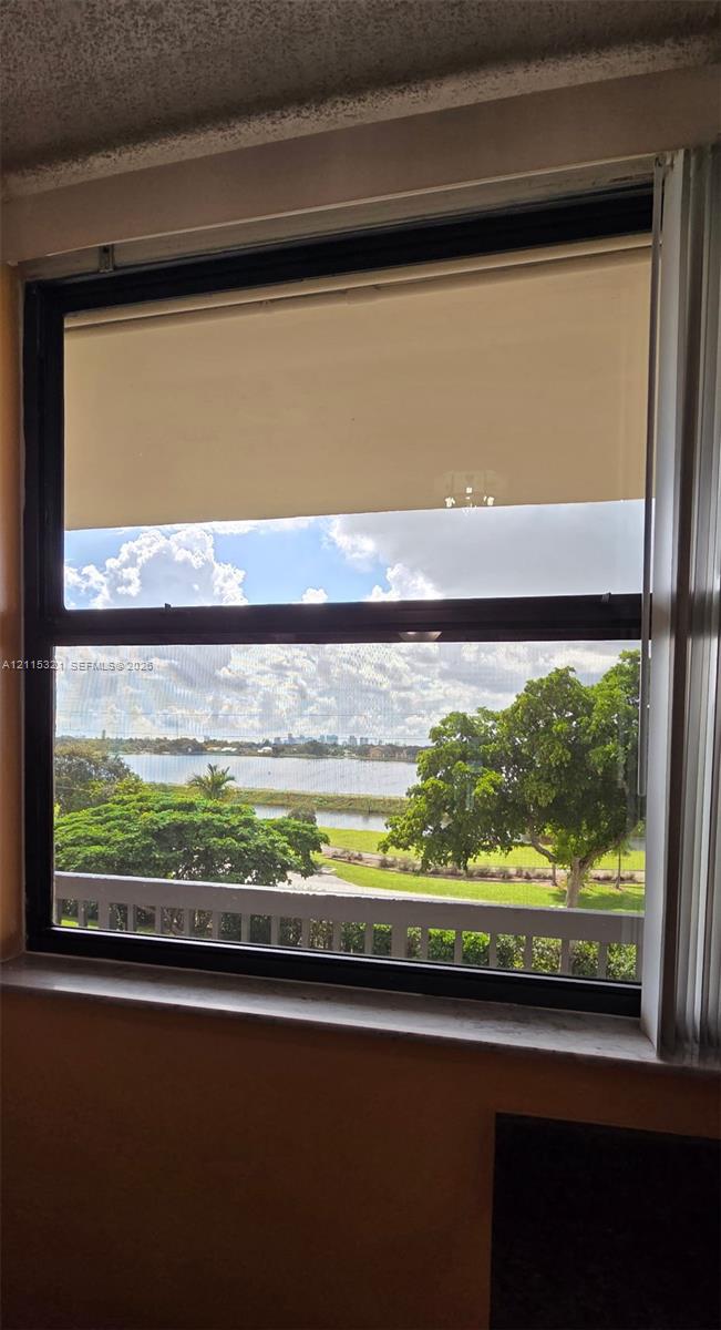 Window featuring a dark-finished frame, a stone sill, and scenery of a lake, greenery, and sky