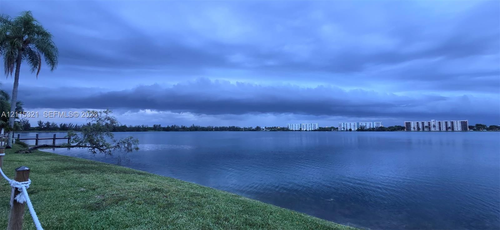 Waterfront parcel featuring a manicured grass shoreline, nautical rope perimeter fencing, and mature palm trees