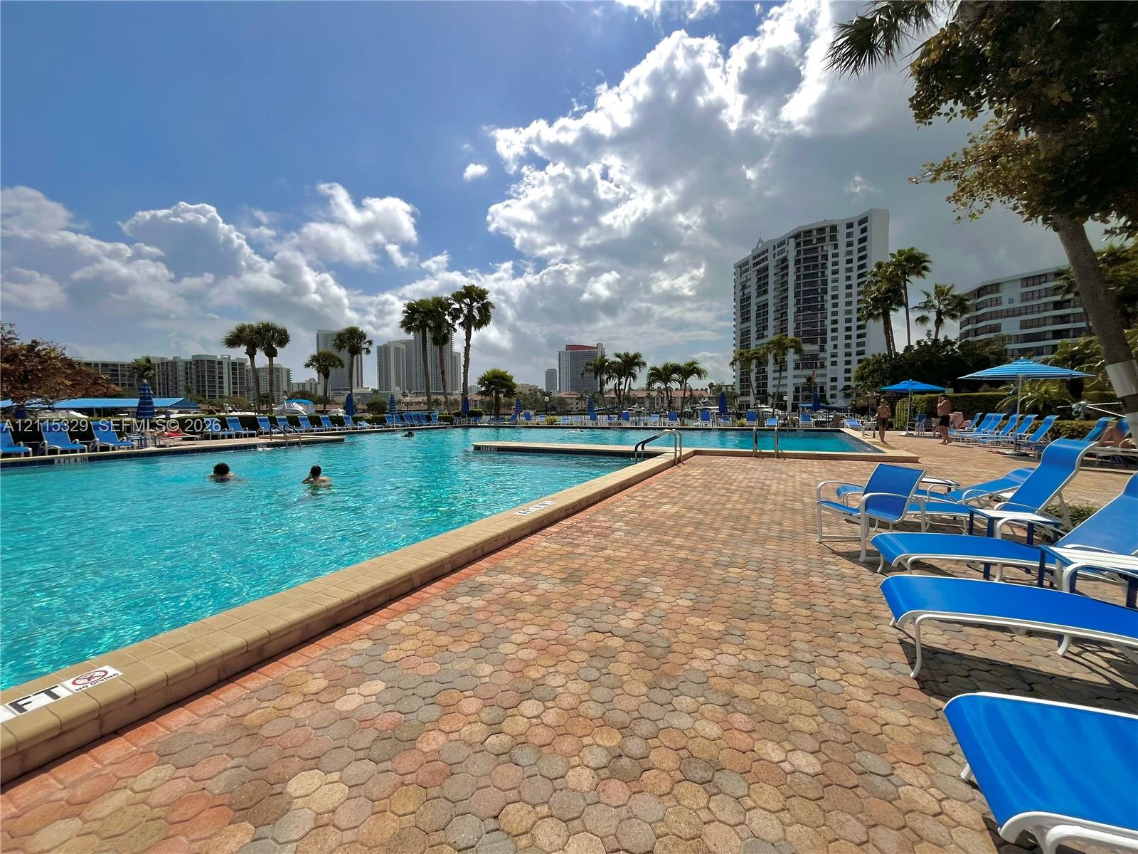 Outdoor swimming pool featuring paver decking, mature palm trees, and an open-air surrounding