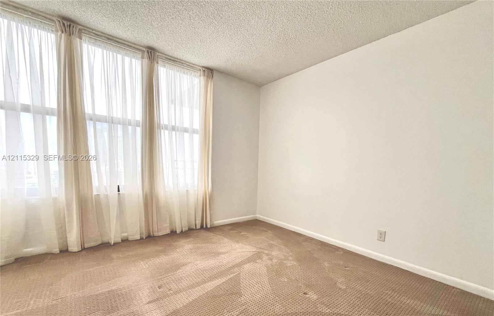 Floor-to-ceiling windows feathering window curtains and neutral carpeting