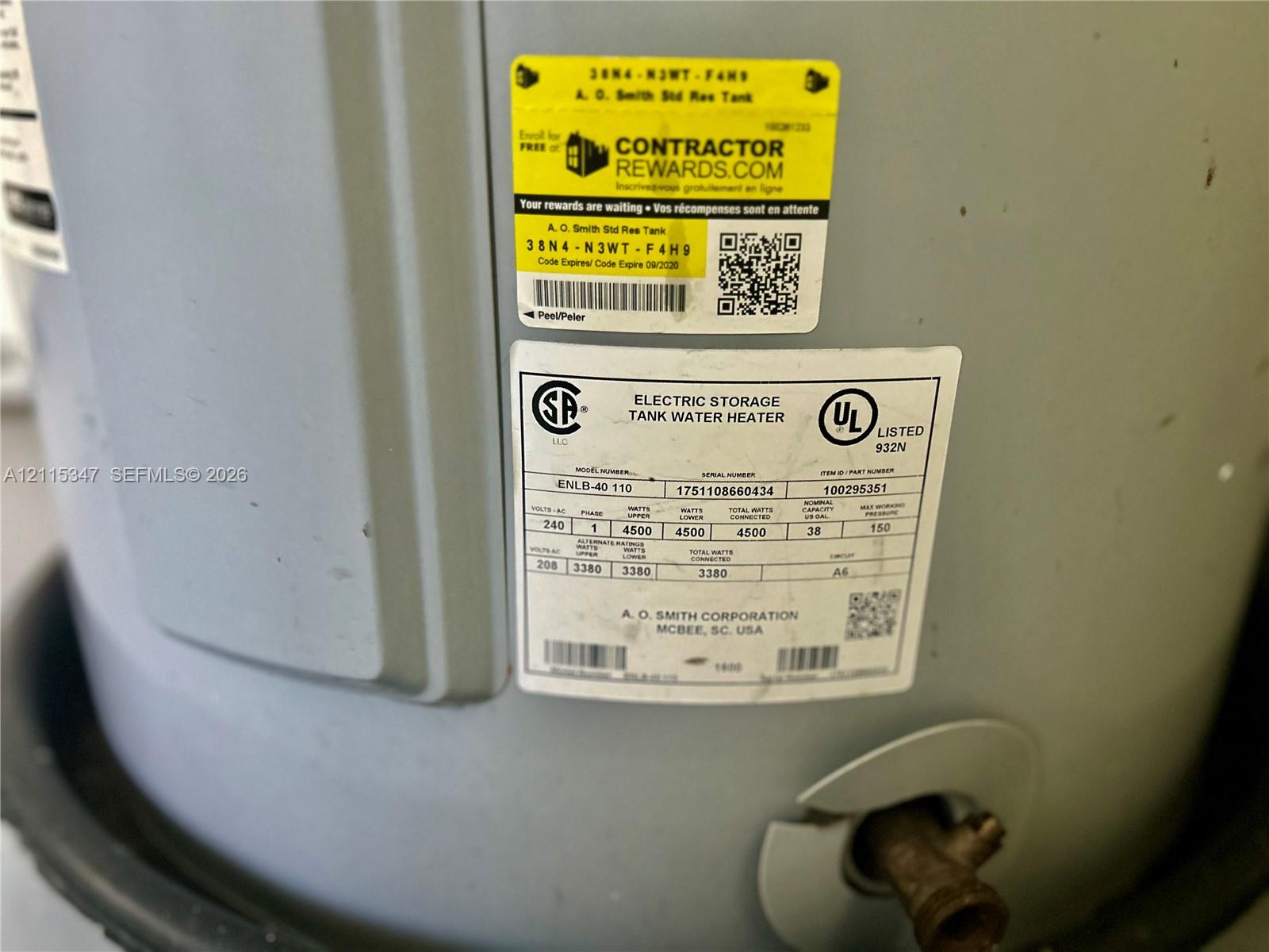 Electric storage tank water heater featuring a 38-gallon capacity and 240-volt operation