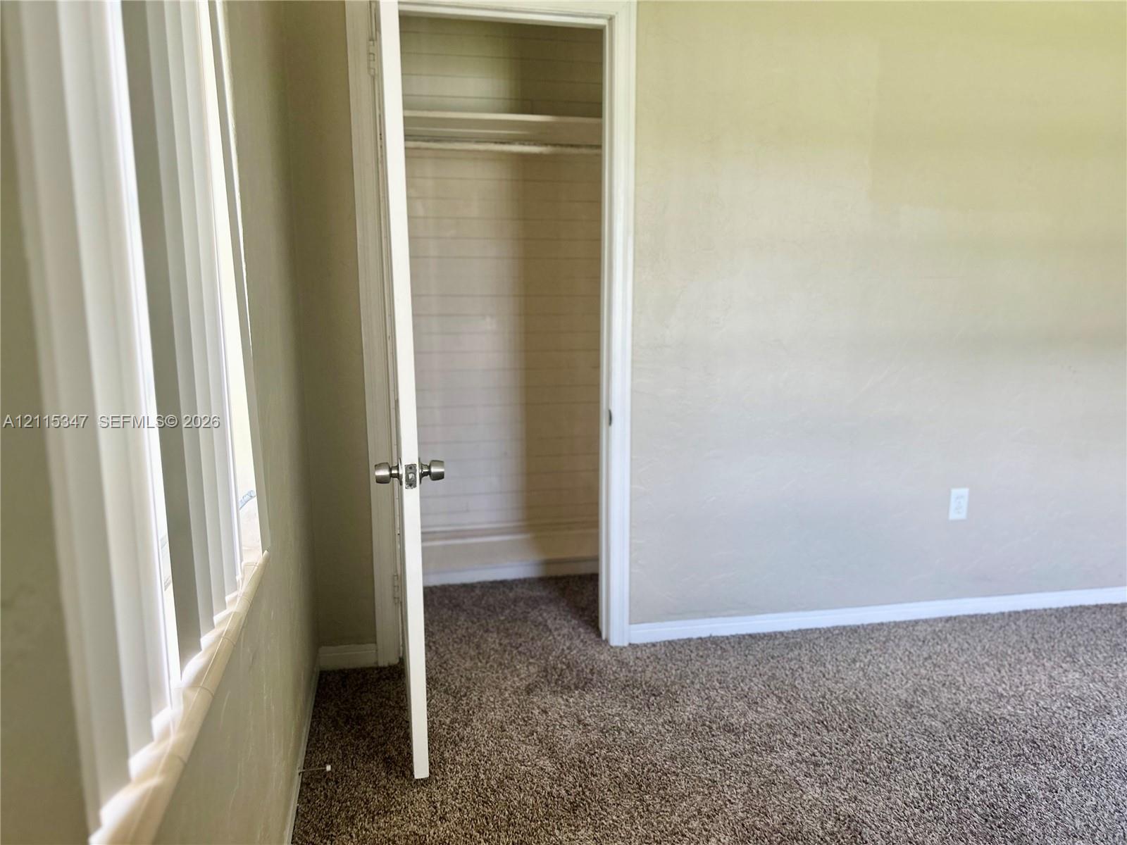 Room interior featuring wall-to-wall carpeting, a built-in closet with integrated shelving, and vertical window blinds