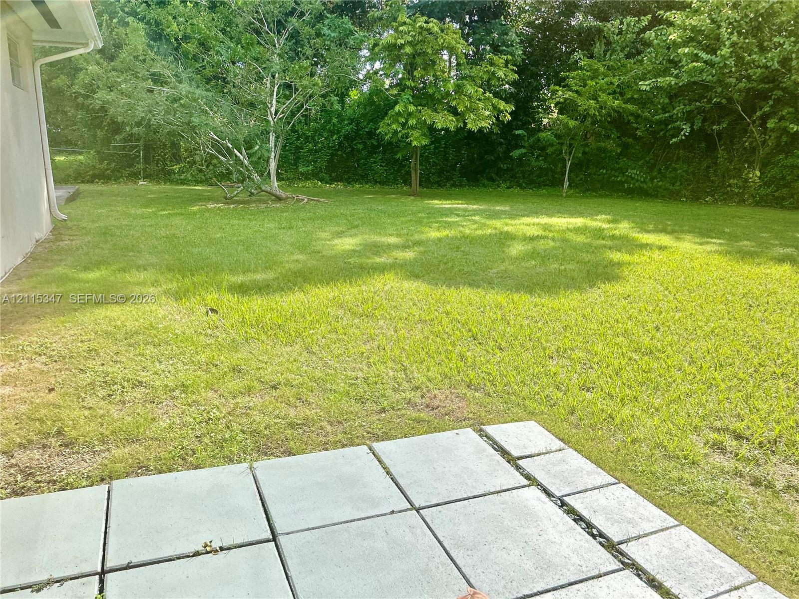 Backyard featuring a concrete paver patio, expanse of lawn, and mature trees
